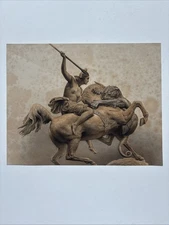 Antique 19th C  Sepia Engraving Classical Warrior on Horseback Battling a Lion