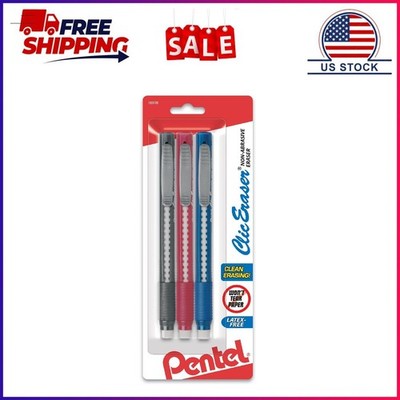 Pentel Clic Retractable Eraser with Grip, Assorted Barrel Colors (ZE21BP3M) (Pac