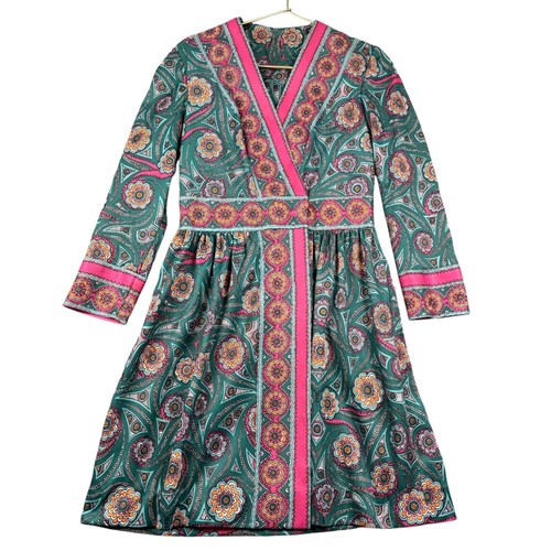 Vintage 60s 70s Mod Psychedelic Paisley Floral Empire Waist Midi Dress Pink Teal