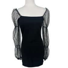 Thirty/Thirty Mini Dress M Black Sheer Pearl Bodycon Party Cocktail Romantic