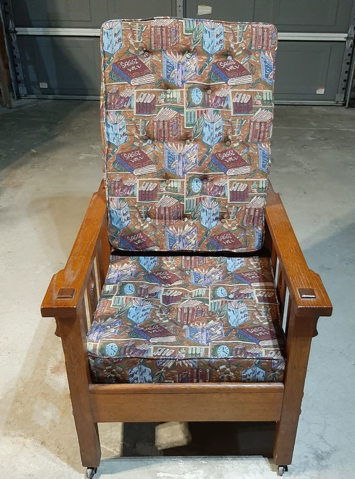 Silla Morris antigua Arts & Crafts Mission roble con cojines de tela Foto 2 de 4