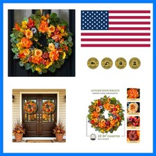 24 Inch Harvest Fall Wreaths for Front Door Outside with Orange Peony Artif...