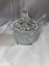 Clear Art Glass Salt Dip Dish Cellar w/ Lid & Spoon! Vintage EUC