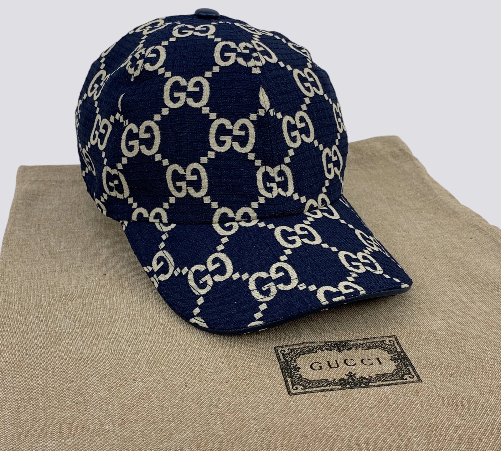 Cappello Berretto Baseball Gucci GG Monogram Ripstop Poliestere Riciclato Blu Navy Taglia M
