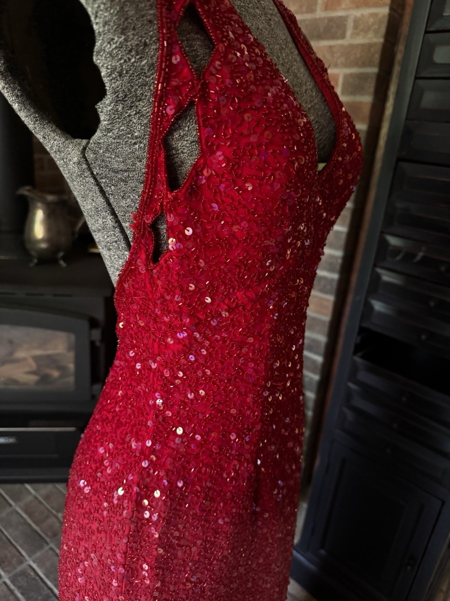 scala red sequin dress SCALA Short Beaded Sequin V-Neckline Lowback Cocktail Dress Red Size 2   Style Exchange Boutique PGH