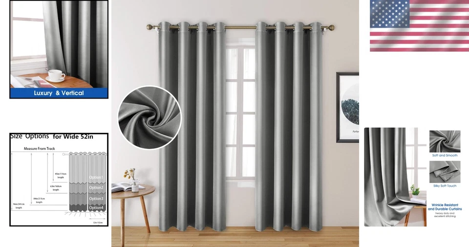 2 Panels Silver Grey Silk Blackout Curtains, 52x96" Grommet - Image 2 of 4