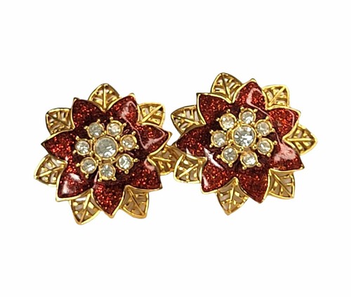 Womens Post Back Floral Earrings Sparkly Red Enamel Crystals Gold Tone Accents - Picture 3 of 6