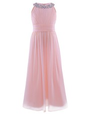 Girls Halter Neck Chiffon Dresses High-Waisted Rhinestone Prom Party Gowns