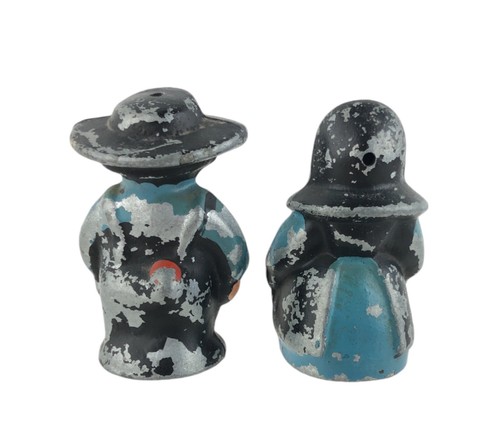 Vintage Salt & Pepper Shaker Set Blue Black Metal Amish Couple Very Old - Picture 3 of 7