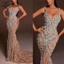 Champagne Long Prom Dresses Pearls Crystal Mermaid Evening Gowns Spaghetti Strap