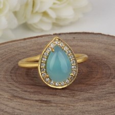 Teardrop Aqua Chalcedony 18k Gold Plated 925 Silver Ring With CZ Engagement Ring