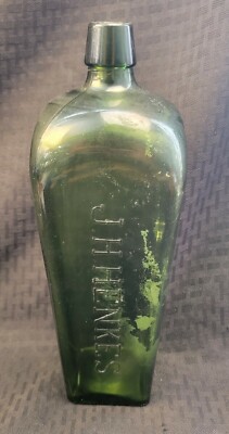 Rare Vintage Unique J.H Henkes Olive Green Glass Bottle , Collectible