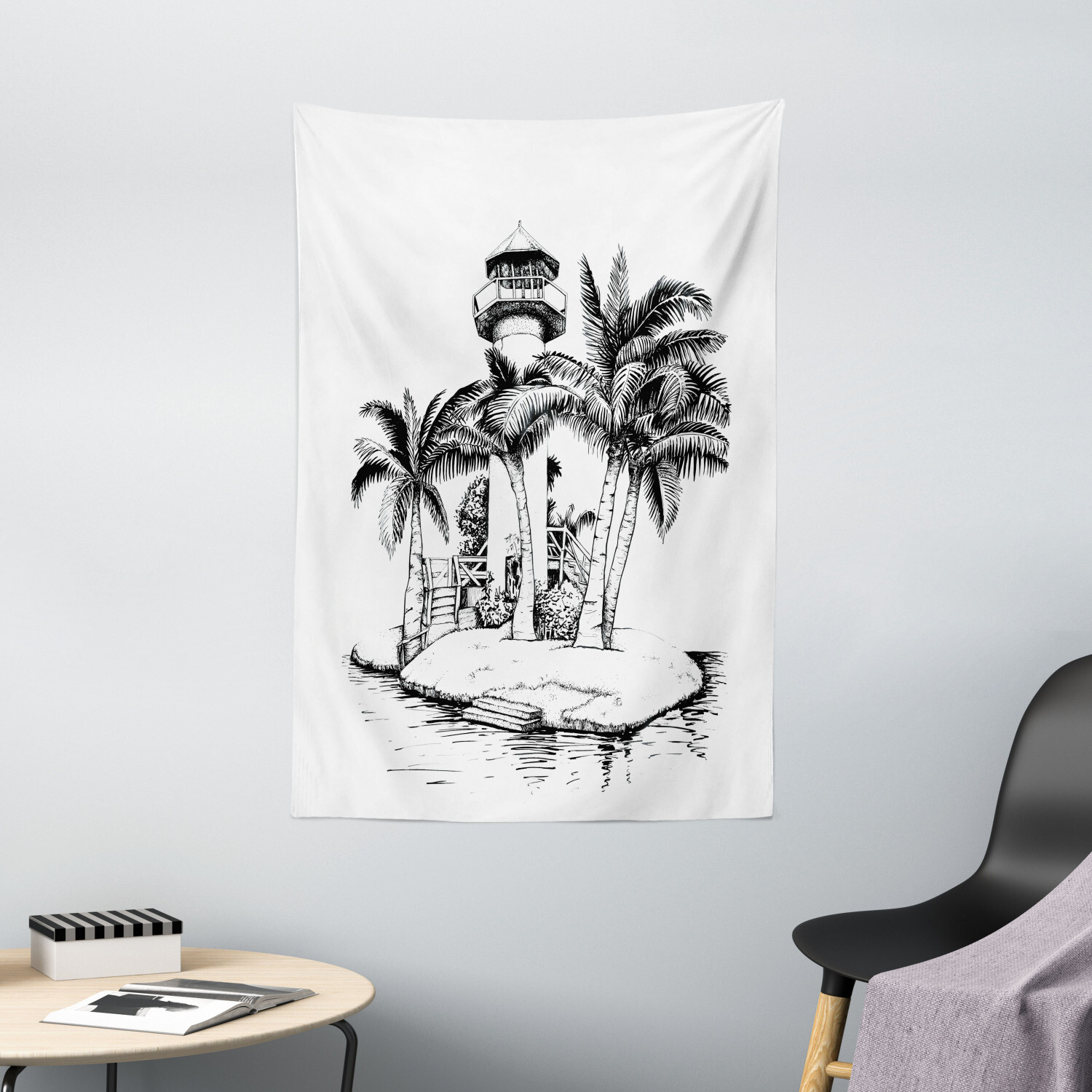 Tropical Tapestry Lighthouse Island Tree Print Wall Hanging Decor