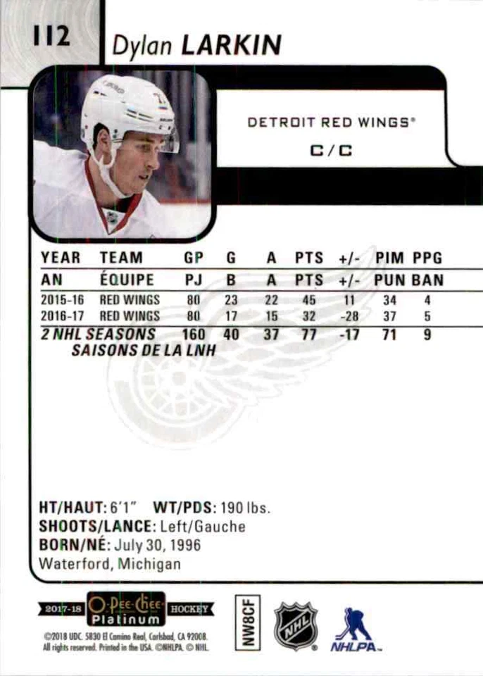 2017-18 O-Pee-Chee Platinum Dylan Larkin #112 - Image 2 of 2