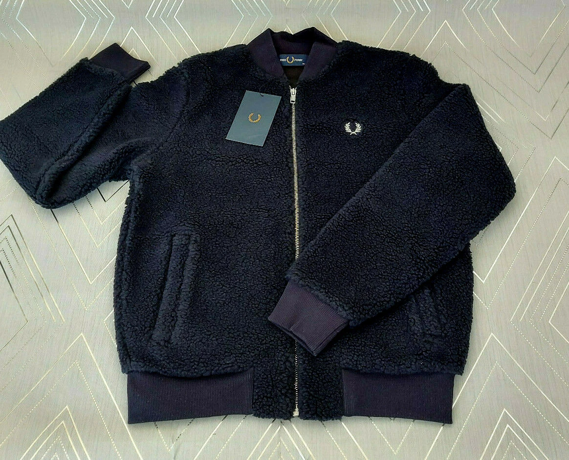 FRED PERRY Ladies girls Deep Navy Borg Fleece Bomber Jacket UK 10