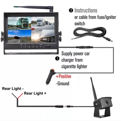 9'' Quad Digital Wireless DVR Monitor 1080P RearView Camera for Truck Trailer RV - Picture 13 of 14