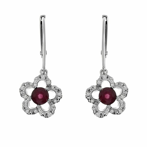 Natural Ruby and Diamond Flower Leverback Earrings in 14k White Gold L981