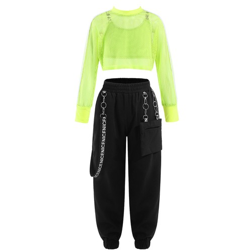 Kids Girls Dance Outfit Metal Chain Pants Hip-hop Dance Clothes 3Pcs Mesh Set - Picture 5 of 32