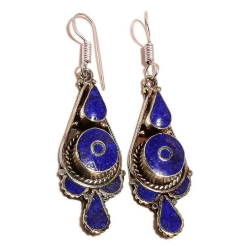 Inlay Lapis Lazuli Gemstone Antique Handmade Oxidized Tibetan Dangle Earrings - Picture 2 of 3