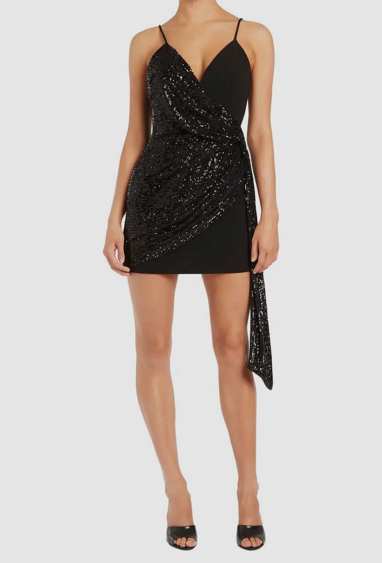 $545 Rebecca Vallance Women's Black Sequin Mix Media Cocktail Dress Size 10