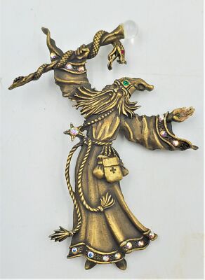 JJ Jonette Jewelry Bronze Pewter 'Wizard Staff Snake Crystal Ball Gems brooch 3''