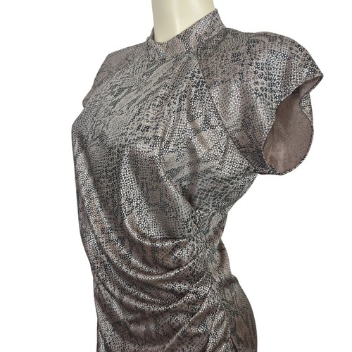 Vintage Steppin Out Metallic Snake Print Ruched Midi Dress Flutter Cap Sleeves M - Picture 7 of 17