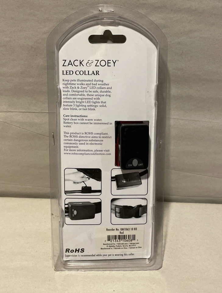 Nuevo Collar LED Zach & Zoey para Mascotas Perros 3 Opciones de Iluminación Ajustable 10"-12" Rojo Foto 3 de 4