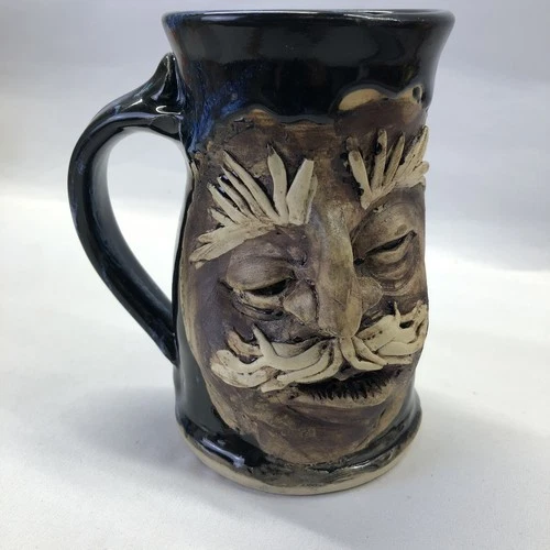 Studio Art Pottery Funny Ugly Face Coffee Mug Artist Signed Folk Art Sleepy VTG