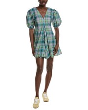 Ganni Seersucker Check V-Neck Mini Dress Women's