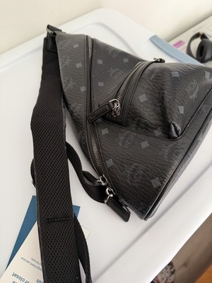 MCM Black Monogram Triangle Crossbody Sling Bag Zip, Adjustable Strap, Dust Bag