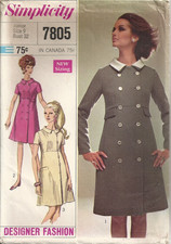 SIMPLICITY 7805 JUNIOR SZ 9 COAT-DRESS W/DETACHABLE COLLAR SEWING PATTERN 1967