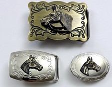 3D Raised Horse Head Belt Buckles Brass  Silver Tone Lot of 3 Different Sizes