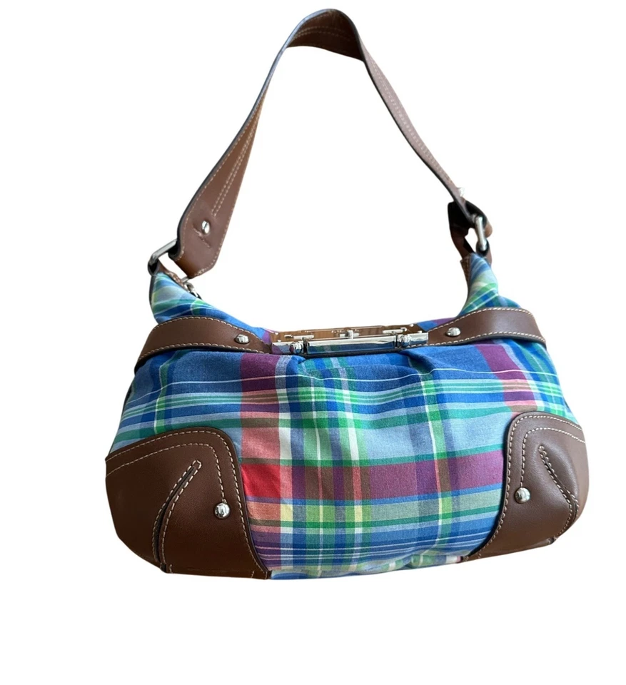 Chaps Luxemberg синий Мадрас клетку Hobo сумочка Дамская сумка кошелек с ремешком Y2K мини сумка читать - Изображение 4 из 4