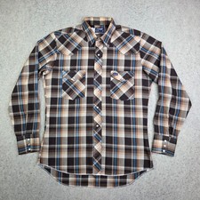 VTG Wrangler Western Pearl Snap Shirt Mens M Brown Plaid Long Sleeve Made in USA