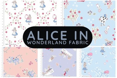 Alice im Wunderland Grinsekatze verrückte Hutmacher Tweedle Dum Ziffer Baumwollstoff 45 Zoll