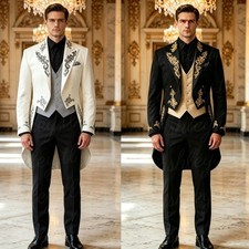 Tailcoat Men Suit Floral Embroidery Dinner Party Prom Wedding Groom Tuxedo 3 Pcs