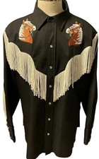 H Bar C Western Shirt Men 2XL Blk Fringe Embroidered Horse Cowboy Pearl Snap USA