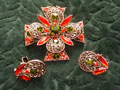 Vintage Emmons Costume Jewelry Maltese Cross Pin & Earring Set - Fantastic Set !