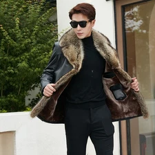 Mens Fur Coat Long Fur Collar Winter Plush Thick Fur Coat Outerwear Leather Coat