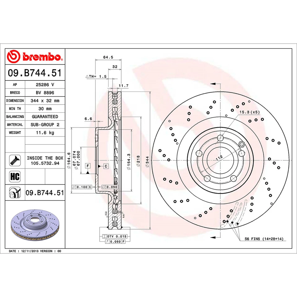 Kit de pastillas de rotores de freno delanteros OE Brembo para Mercedes-Benz SLK250 SLK350 2012-2014 Foto 3 de 4