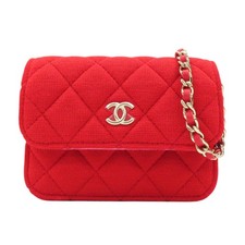 CHANEL Jersey Quilted Micro Mini Flap Shoulder Bag Red