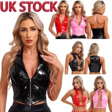 UK Women Wet Look Halter V Neck Crop Tank Top Camisole Patent Leather Short Vest