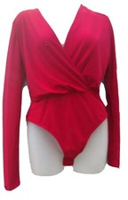 LCB Snapping Bodysuit Shape wear Red Long Sleeve Womens Size Medium Vneck NWT