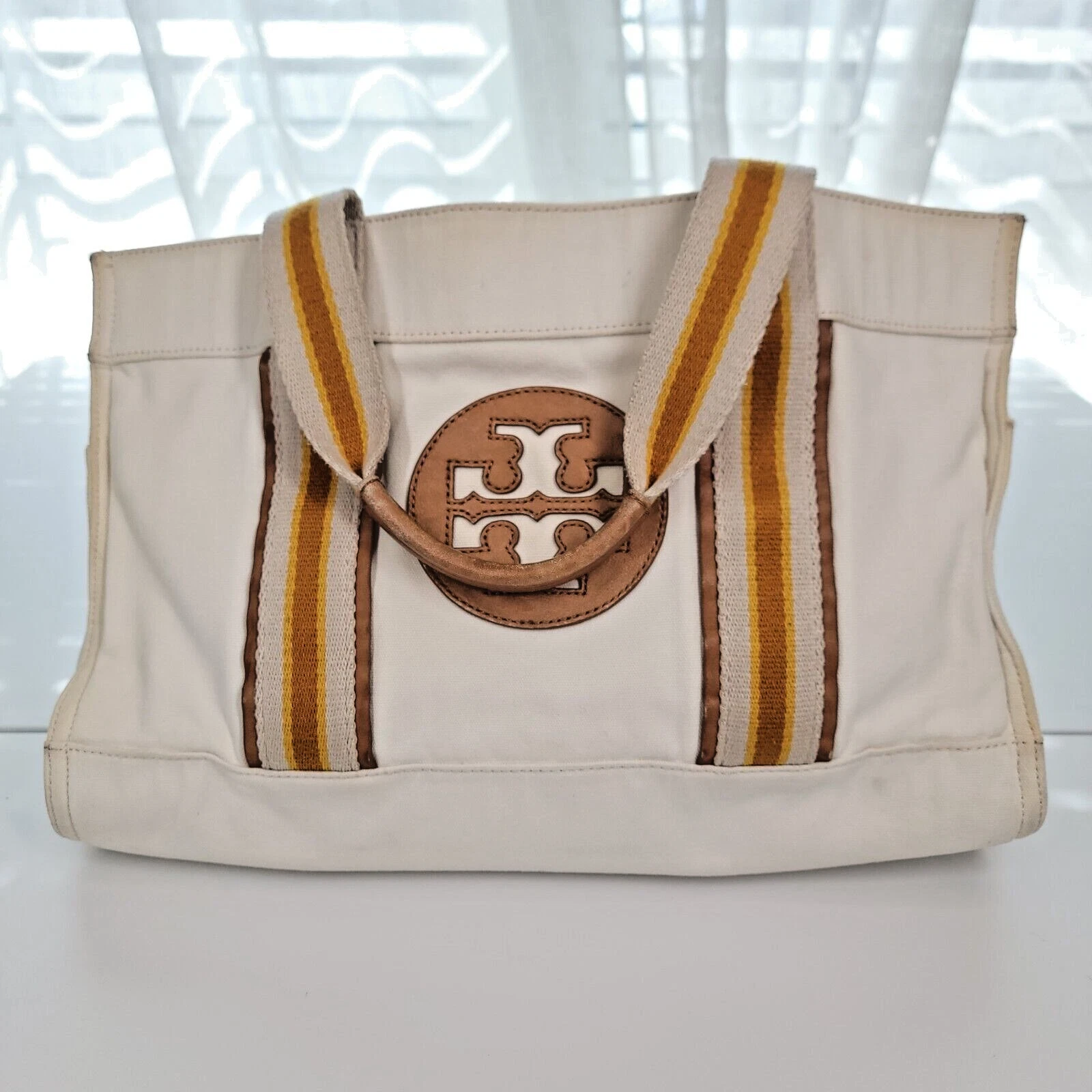 Borsa Tory Burch tela panna giallo marrone manico superiore borsa righe neutra