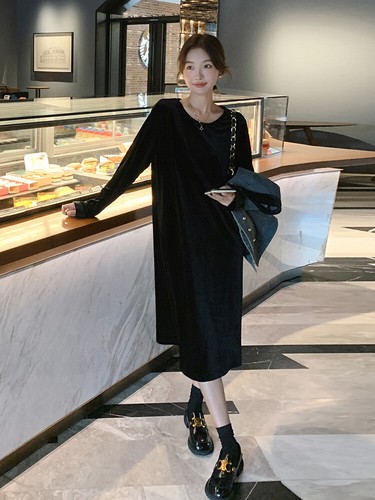 Midi Dress Denim Vest Set Women Long Sleeve Round Neck Black Velvet Size 6-14 - Picture 7 of 18