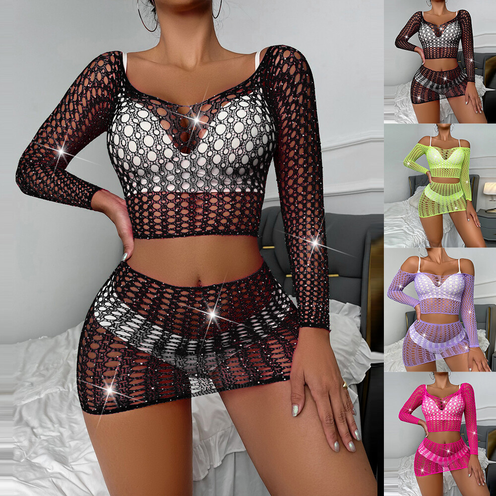 2Pcs Set Women Sexy Lingerie Rhinestone Glitter Mesh Tops Skirt Clubwear  Fishnet