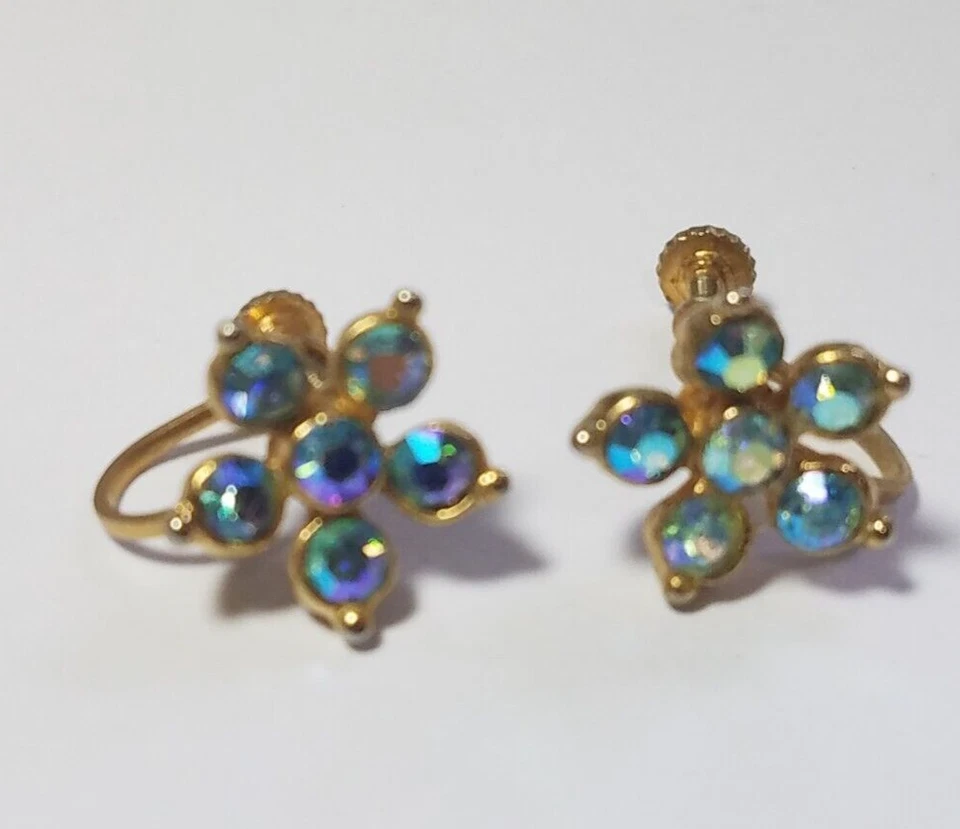 Vtg Gold Tone  Multifaceted Color Cubic Zirconia Flower Design Screw On Earrings Foto 2 de 4