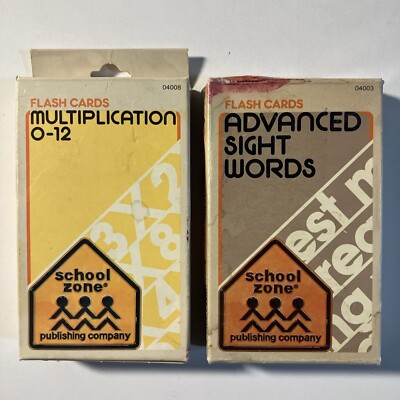 Vintage School Zone Flash Cards In Box Multiplication & Advanced Sight Words