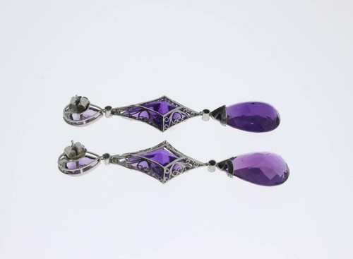 Pear & Trapezoid Shaped 49.22CT Amethyst With Clear 1.63CT CZ Vintage Earrings - Picture 7 of 9