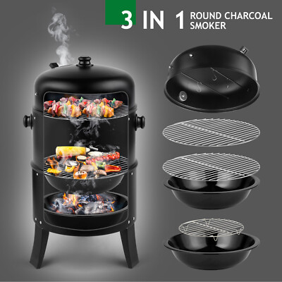LEADZM 3-in-1 32'' Vertical Charcoal BBQ Smoker Round Charcoal Grill